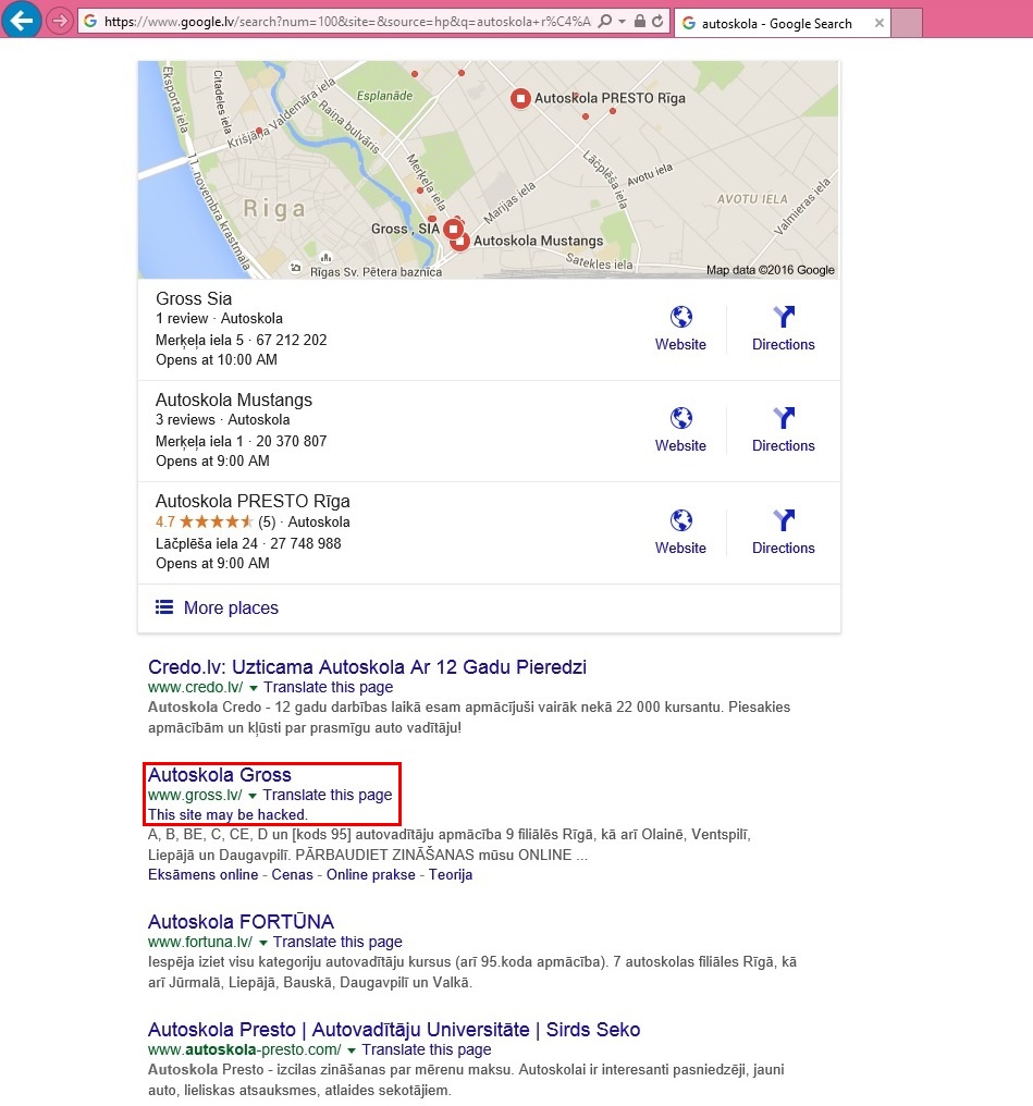 Autoskola Gross mājas lapa, iespējams uzlauzta
